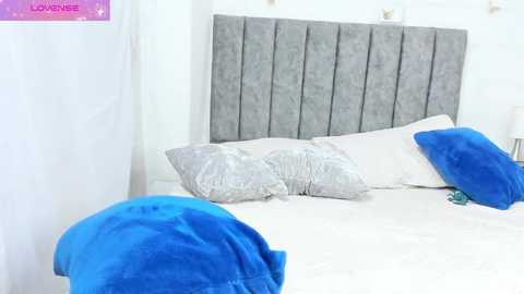 Media: Video of a modern bedroom with a gray upholstered headboard, white bedding, a blue blanket, and decorative pillows. The room has a minimalist, stylish decor with a serene atmosphere.