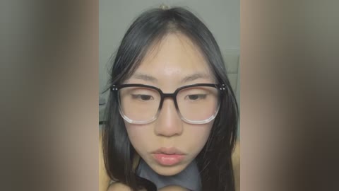 Media: A close-up video of an East Asian woman with long black hair, wearing black-framed glasses, a blue collared shirt, and a neutral expression. The background is blurry.