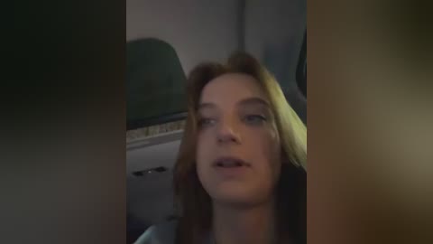 Media: Video of a young woman with fair skin, long red hair, and light makeup, seated in an airplane cabin. She has a neutral expression, looking forward. The background shows the cabin's interior with a green seat and overhead compartment.