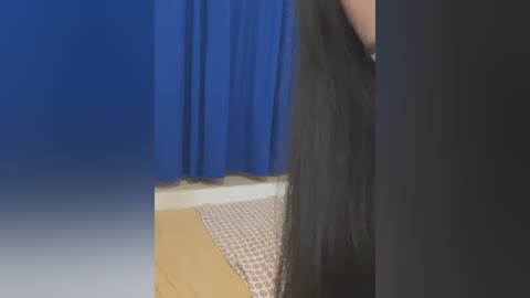 Media: Video of a person's long, straight, dark brown hair partially obscuring a blue curtain and wooden floor. The background is blurred, focusing on the hair.