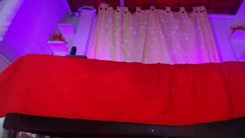 Media: Video of a simple, well-lit bedroom with a red bedspread, beige curtains, and a wooden ceiling. The room's walls are painted white, and the bed is unoccupied.