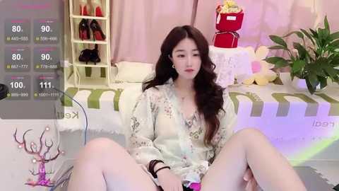 Media: A video of a young East Asian woman with long dark hair, wearing a floral-patterned robe, sitting on the floor in a colorful room with pastel furniture and a digital display.