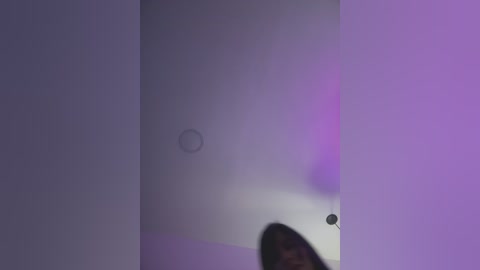 Media: Video of a dimly lit, abstract room with purple and gray hues, featuring a blurred person's face and a circular light fixture.