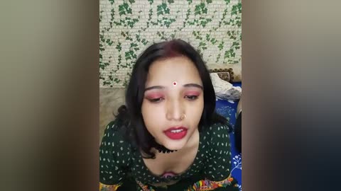 Media: A video of an Indian woman with medium skin tone, long black hair, and red bindi, wearing a green top, in a room with green-patterned wallpaper and a blue-patterned blanket.