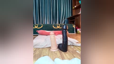 Media: Video of a cluttered room with a wooden floor, featuring two large, realistic-looking black and beige sex toys on a light blue blanket, against a green curtain with anchor motif, and a pink pillow in the background.