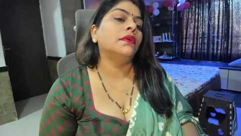 Media: Video of a South Asian woman with medium skin tone and long black hair, wearing a green and red checkered blouse, and a white saree with a gold necklace. She sits in a modern bedroom with a bed, dark curtains, and a TV in the background.