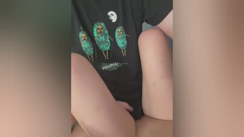 Media: Video of a person wearing a black t-shirt with a cartoon illustration of three green sheep. The person is sitting with legs spread, revealing their genitals. The background is blurred.