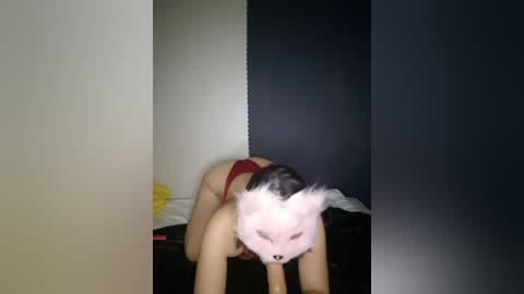 Media: Video of a woman in red lingerie, wearing a pink fox mask, positioned on all fours in a dimly lit room with white and black walls.