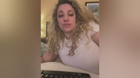 Media: Video of a plus-size woman with curly blonde hair and fair skin, wearing a white t-shirt, sitting at a computer, indoors.