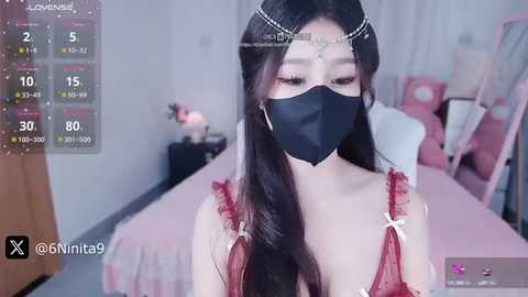 Media: A video of an East Asian woman with long, dark hair wearing a black mask, red lingerie, and a headpiece. The background shows a pink bedroom with a bed and a nightstand.