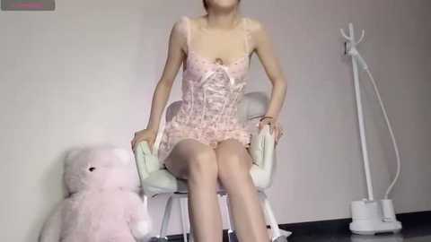 Media: Video of a slender, light-skinned Asian woman in a pink, lace lingerie dress, sitting on a white chair, with a fluffy teddy bear and a standing coat hanger in the background.