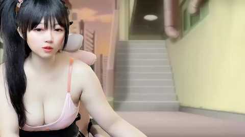 Media: Video of an East Asian woman with long black hair, fair skin, and large breasts, wearing a pink bra, sitting in a hallway with steps and yellow walls.