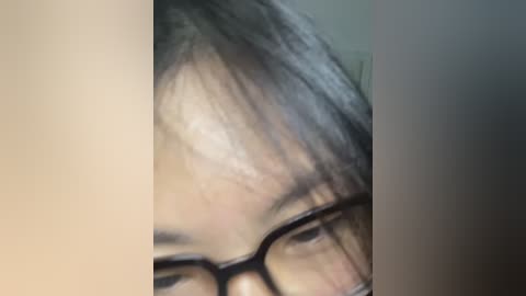 Media: A close-up video of an East Asian person with straight, dark hair, wearing black-rimmed glasses, and a light-colored shirt, partially obscured by shadow.