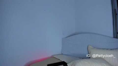 Media: A video of a dimly lit bedroom corner with a white, wicker headboard, a white pillow, and a hint of red light near the wall.