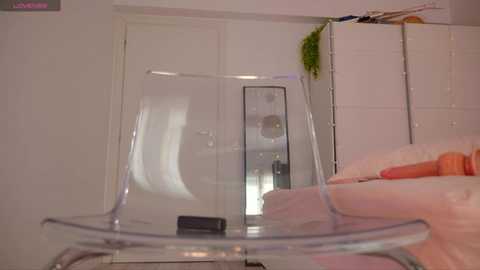 Media: Video of a clear acrylic chair in a minimalist, white-walled room with a person's hand on the chair, a green plant hanging, and a white shelving unit in the background.