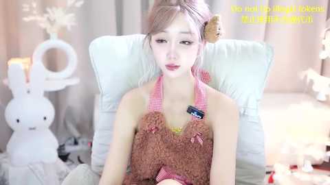 Media: A video of a young East Asian woman with light skin and pink hair in a plush bunny headband, wearing a brown knit sweater with a pink bow, sitting in a white chair.