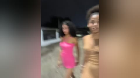 Media: Blurry video of two women, one in a pink dress and the other in a beige dress, walking outdoors at night. Background includes a dark sky and a house.