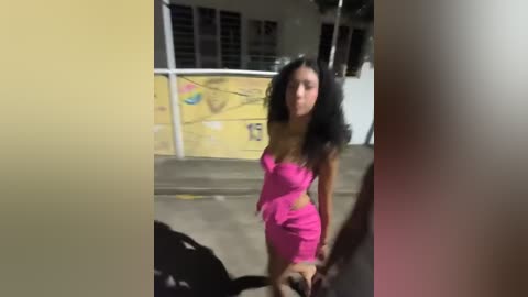 Media: Video of a young woman with long black hair in a bright pink strapless dress, walking on a dimly lit street with graffiti-covered walls.