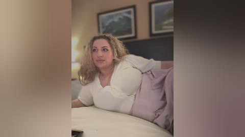 Media: A video of a plus-sized, middle-aged woman with wavy blonde hair, wearing a white blouse and pink skirt, lying on a bed in a dimly lit room with framed mountain landscapes on the walls.