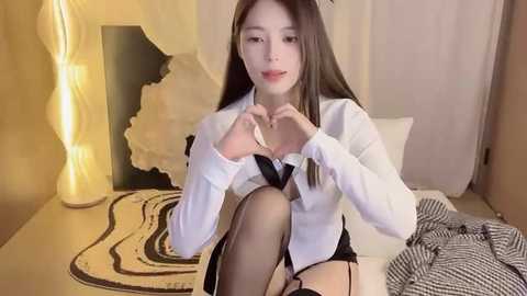 Media: Video of an Asian woman with long black hair, wearing a white shirt, black bra, and black panties, making heart shapes with her hands, in a softly lit bedroom.