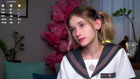 Media: Video of a young Caucasian girl with blonde pigtails, wearing a Japanese schoolgirl uniform, standing in a room with pink flowers, a clock, and a potted plant.