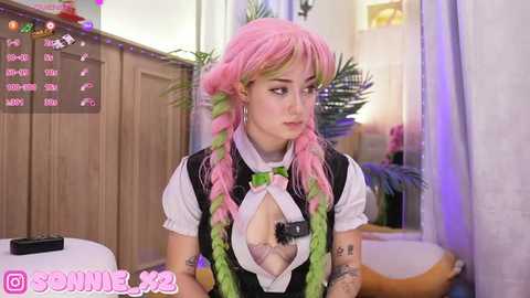 Media: Video of a young woman with pink hair, wearing a revealing black and white maid outfit, sitting on a white stool in a cozy room with wooden paneling, Christmas lights, and a green plant.