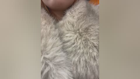 Media: Video of a person wearing a soft, plush, light grey faux fur coat. The focus is on the coat's fluffy texture and the person's neck, partially visible. Background is plain and light beige.