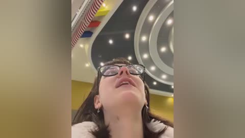 Media: Video of a woman with brown hair, wearing glasses and a white fur-trimmed jacket, looking upward at a circular, light-filled ceiling with recessed lights, and a flag background.