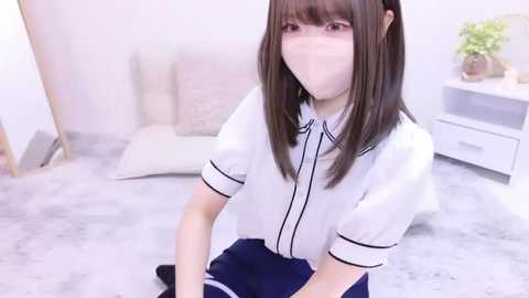 Media: Video of a young Asian girl with straight brown hair, wearing a white blouse with navy trim, blue skirt, and face mask, kneeling on a light gray carpet in a modern, minimalist room with white walls and furniture.