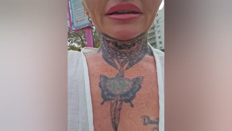 Media: A video of a person's face and chest, showing detailed, intricate black tattoos of a butterfly and floral designs on the neck and chest, wearing a white top. Background includes a street sign and building.