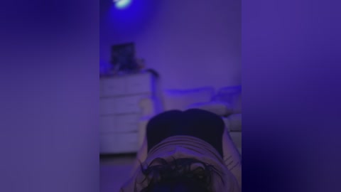 Media: Video of a dimly lit bedroom with purple lighting, featuring a person lying face down on a bed, with a black cat and white dresser visible in the background.