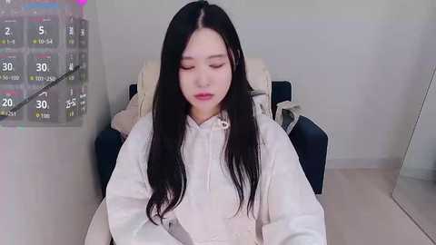 Video of an East Asian woman with long black hair, wearing a white hoodie, sitting in a dark chair, in a minimalist room with a computer monitor displaying a weather forecast.