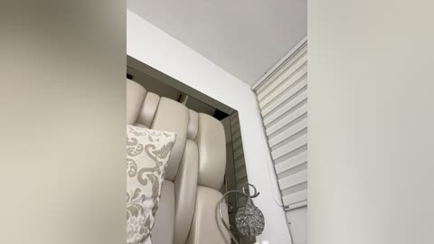 Video of a modern bedroom corner featuring a tufted, beige leather headboard, a white pillow with a gray floral pattern, and a silver wall-mounted lamp with a textured shade. The room has white walls and horizontal blinds.