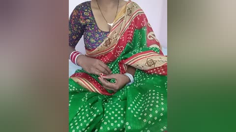Media: Video of a woman wearing a vibrant, green and red saree with white patterns, adorned with intricate gold embroidery. Her top is purple with floral designs. She sits against a blurred, gradient background.