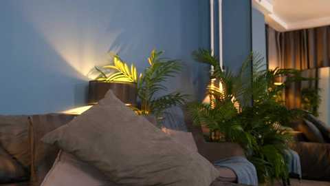 Video of a cozy living room with a beige sofa, green plants, and a warm, ambient light from a tall, cylindrical lamp.