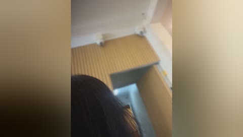 A video showing a dimly lit hallway with beige walls and a wooden door, featuring a blurred figure in the foreground. The image has a soft, muted color palette.