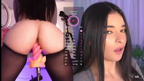 Video featuring an Asian woman with long black hair, wearing a grey shirt, and black stockings, with a pink dildo inserted into her anus, captured in a calendar-style overlay.