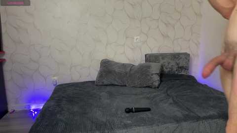 Video of a modern bedroom with a grey striped bedspread, two pillows, and a black vibrator on the bed. The background features a textured white wall. A partially visible man stands in the foreground.