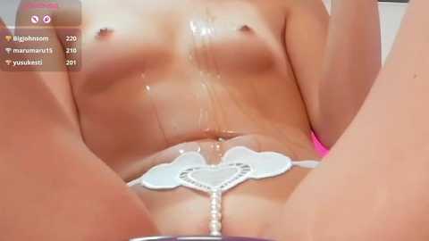 Video of a light-skinned woman with small breasts, wearing a heart-shaped white garter belt, with semen dripping down her chest and stomach, in a sexual context.
