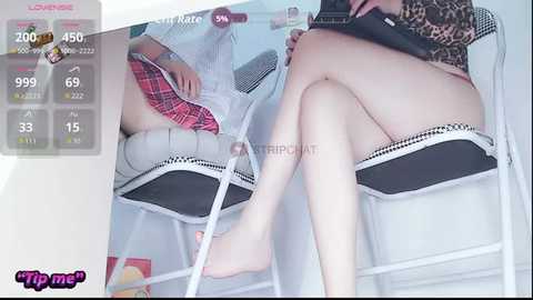 A video of a woman reclining on a bed, wearing a leopard print top and plaid skirt, her legs crossed, with a smartphone in hand, overlaid with a \"Tip Me\" screen displaying tips and notifications.