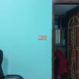 A video of a doorway with turquoise walls. Inside, a person wearing a red shirt is visible. The background features a bookshelf and a wooden door with intricate carvings.