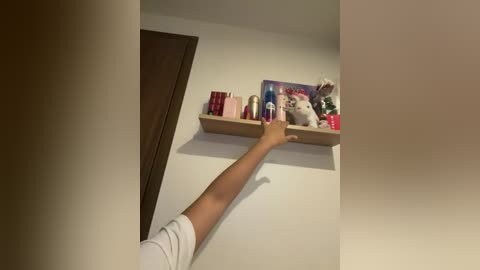 Video of a hand reaching towards a shelf displaying stuffed animals and books on a light beige wall. The hand wears a white sleeve.