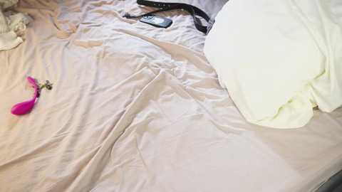 Video of a messy bed with wrinkled beige sheets, a pink vibrator, black phone, and a white pillow.