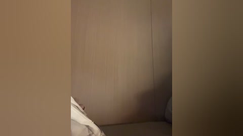 A video of a dimly lit, beige-walled corner in a room, showing a soft, white pillow slightly visible on the left. The scene has a minimalist, cozy feel with soft shadows enhancing the warm, neutral tones.