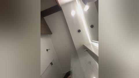 Video of a modern, unfinished attic with white walls, exposed wooden beams, and recessed lighting. The ceiling slopes at an angle, with a single light fixture and three recessed lights visible.