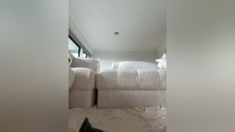 Video of a minimalist, modern interior featuring a cream-colored sectional sofa, plush white rug, and large window with natural light flooding in.