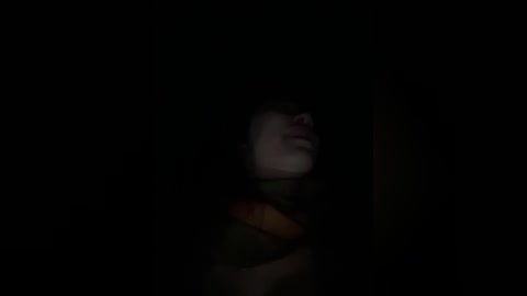 A dimly lit video of a young woman with long dark hair, wearing a dark green top, captured in profile against a black background. The image is grainy and slightly out of focus.