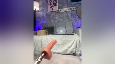 Video of a dimly lit, cozy room with a grey couch, a plush toy, and a woven basket. A red handle of a bike is visible at the bottom.