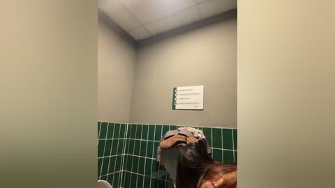 Video of a bathroom with a green-tiled wall and a brown, medium-sized dog, possibly a Labrador Retriever, sitting on a white floor, looking upwards. A white sign with text and icons is mounted on the beige wall.