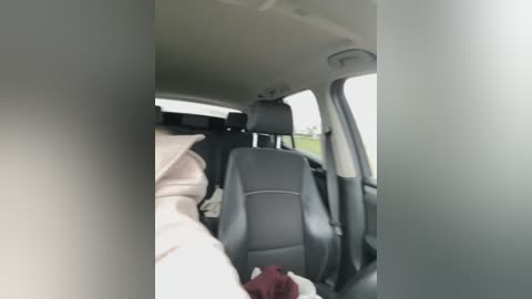 Video of a car interior showing a person in a light-colored coat seated in the driver's seat, with a dark cloth draped over the steering wheel.